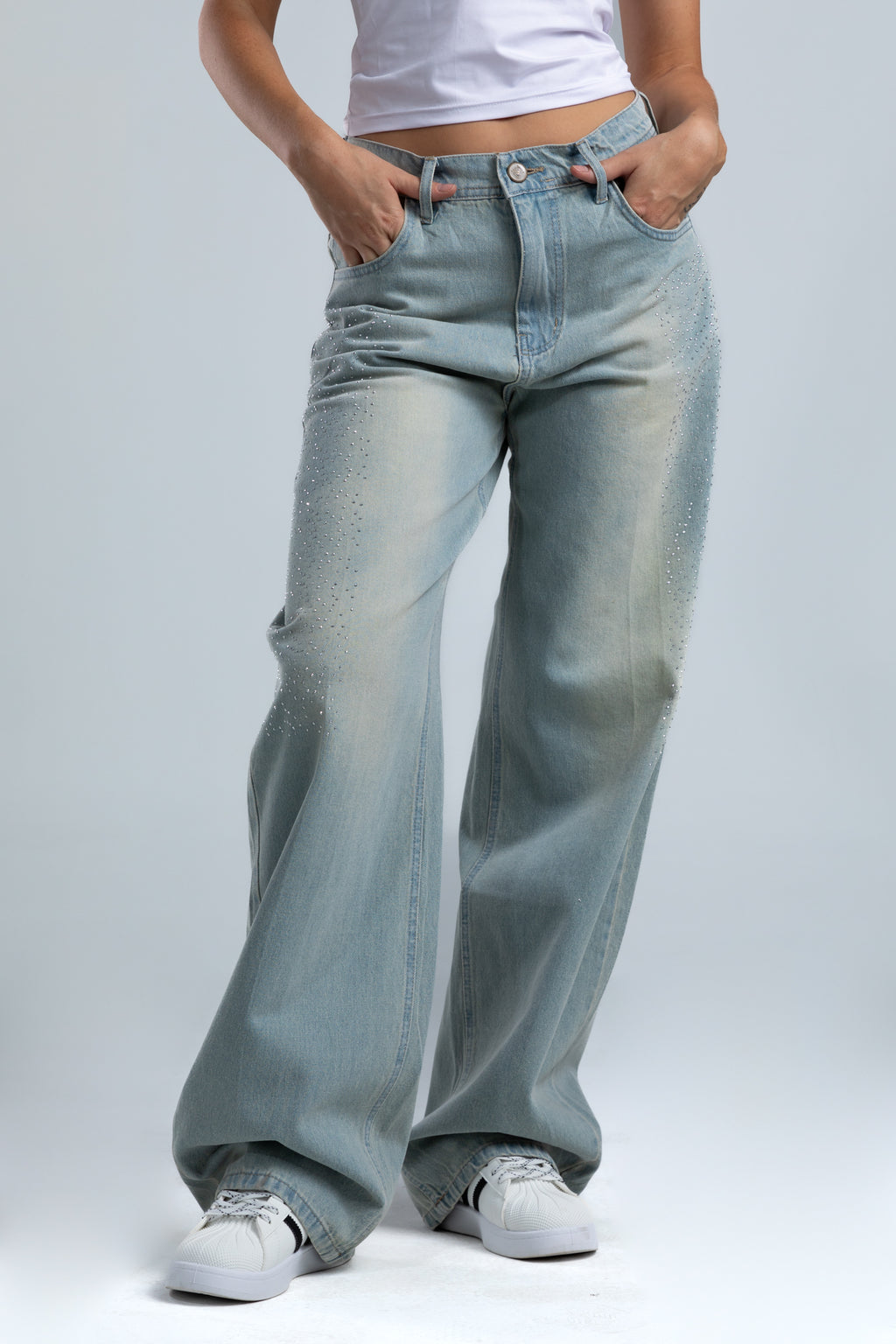 1003-Rhinestone Dusty Blue Curve Tapered Jeans
