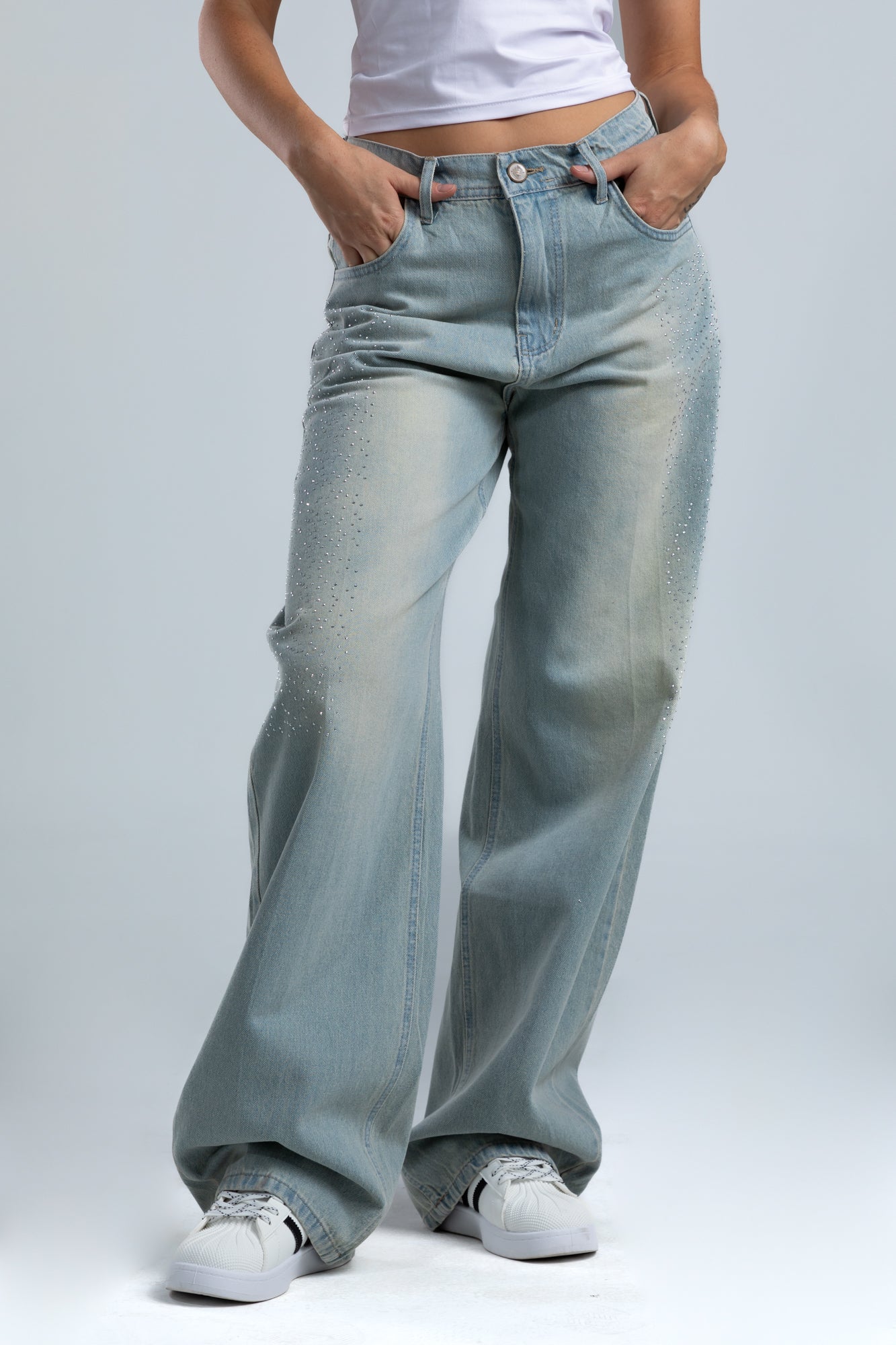 1003-Rhinestone Dusty Blue Curve Tapered Jeans