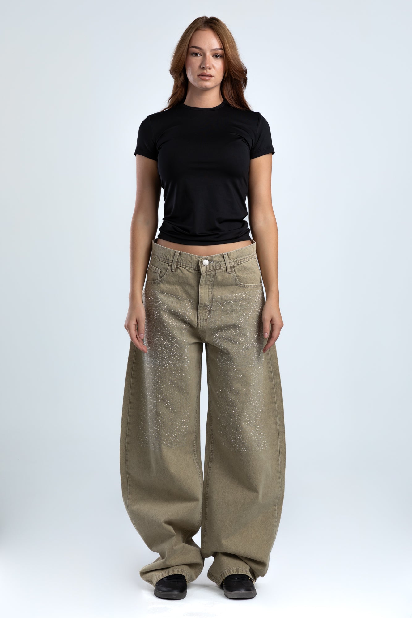 1002-Rhinestone Earthy Beige Curve Tapered Jeans