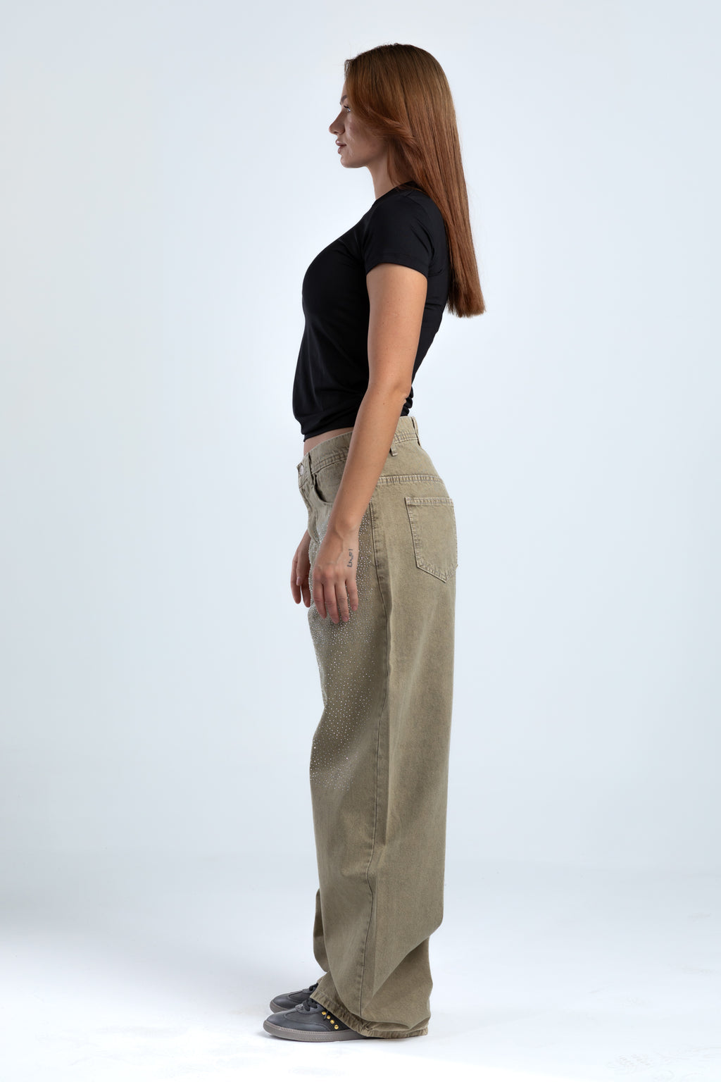 1002-Rhinestone Earthy Beige Curve Tapered Jeans