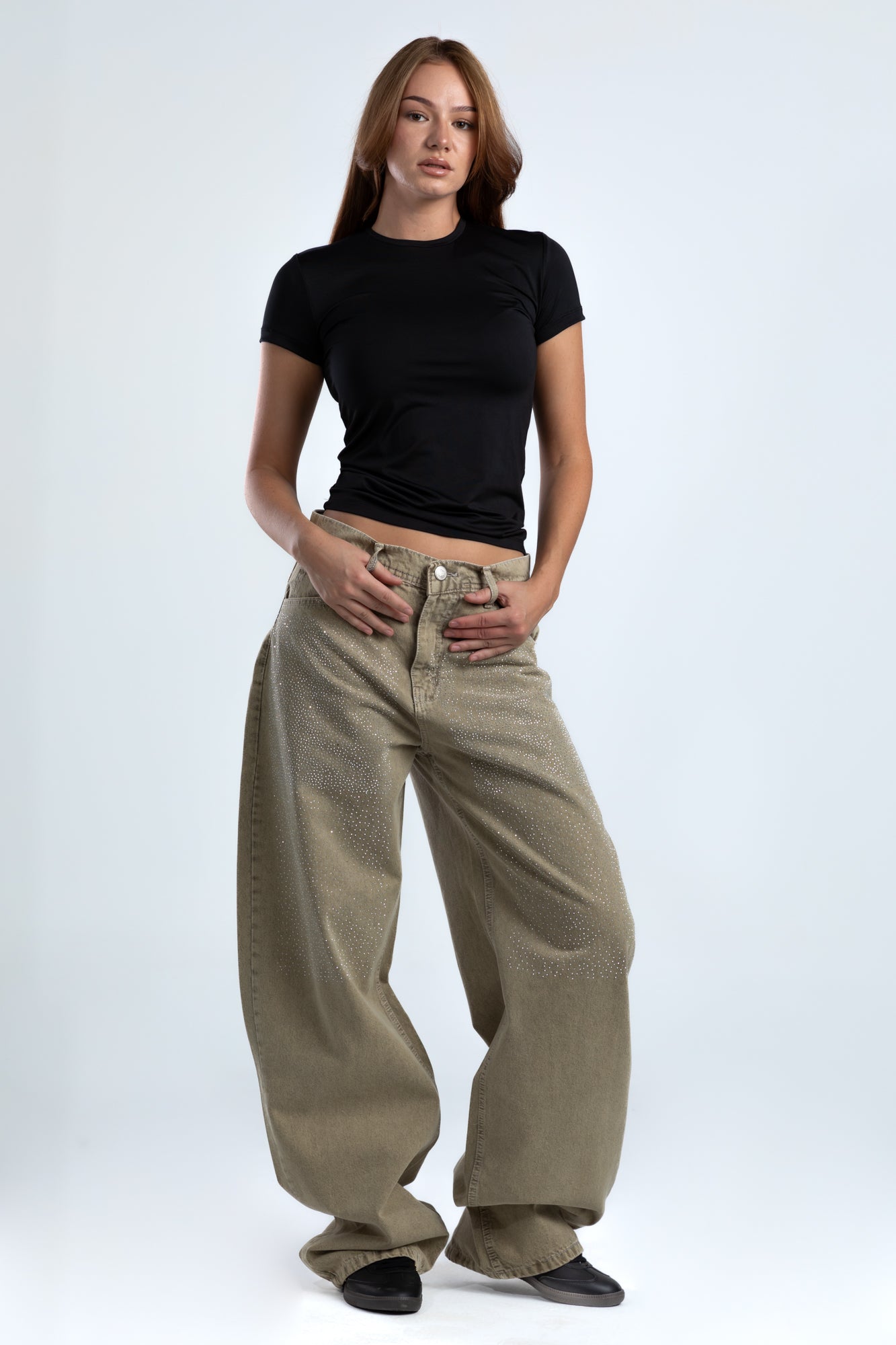 1002-Rhinestone Earthy Beige Curve Tapered Jeans