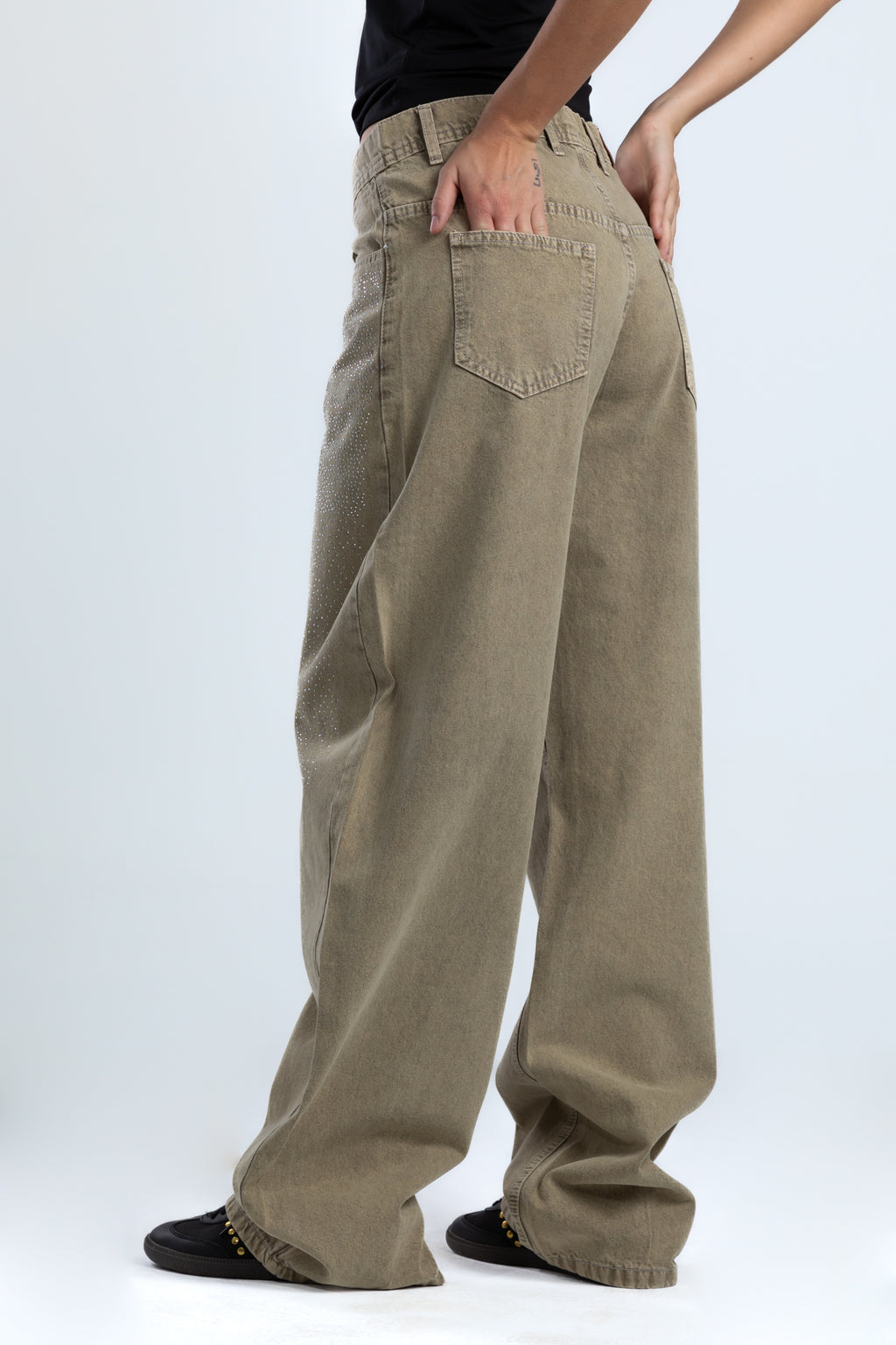 1002-Rhinestone Earthy Beige Curve Tapered Jeans