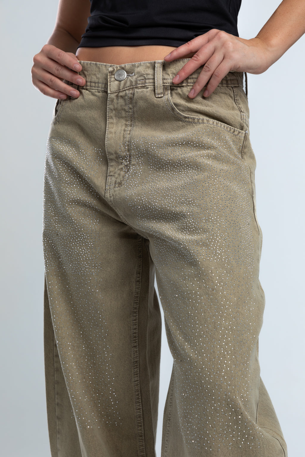 1002-Rhinestone Earthy Beige Curve Tapered Jeans