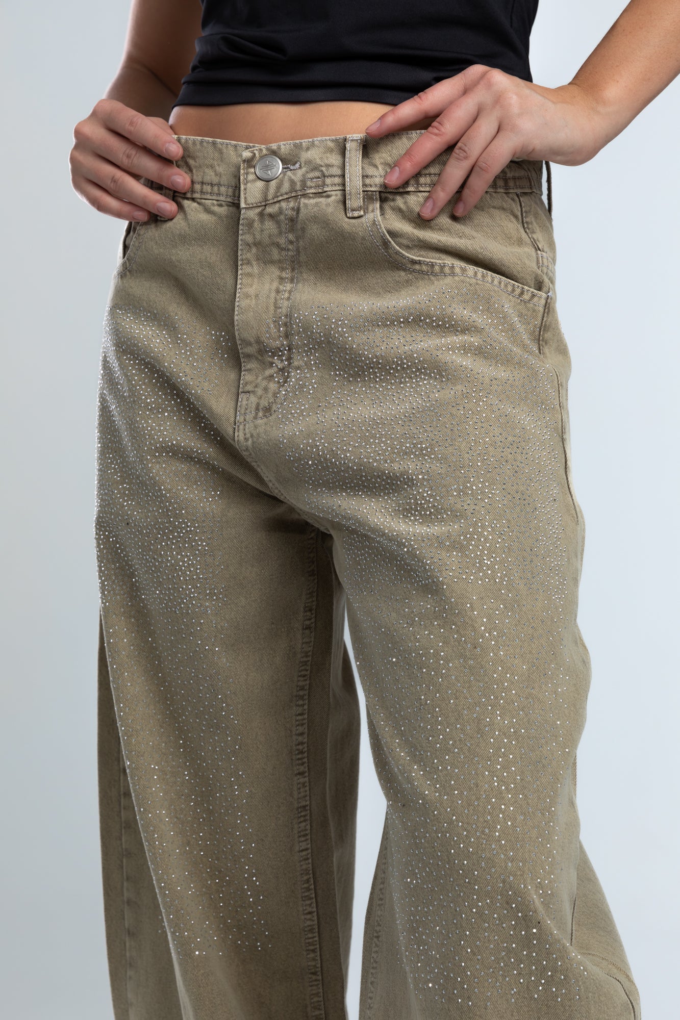 1002-Rhinestone Earthy Beige Curve Tapered Jeans