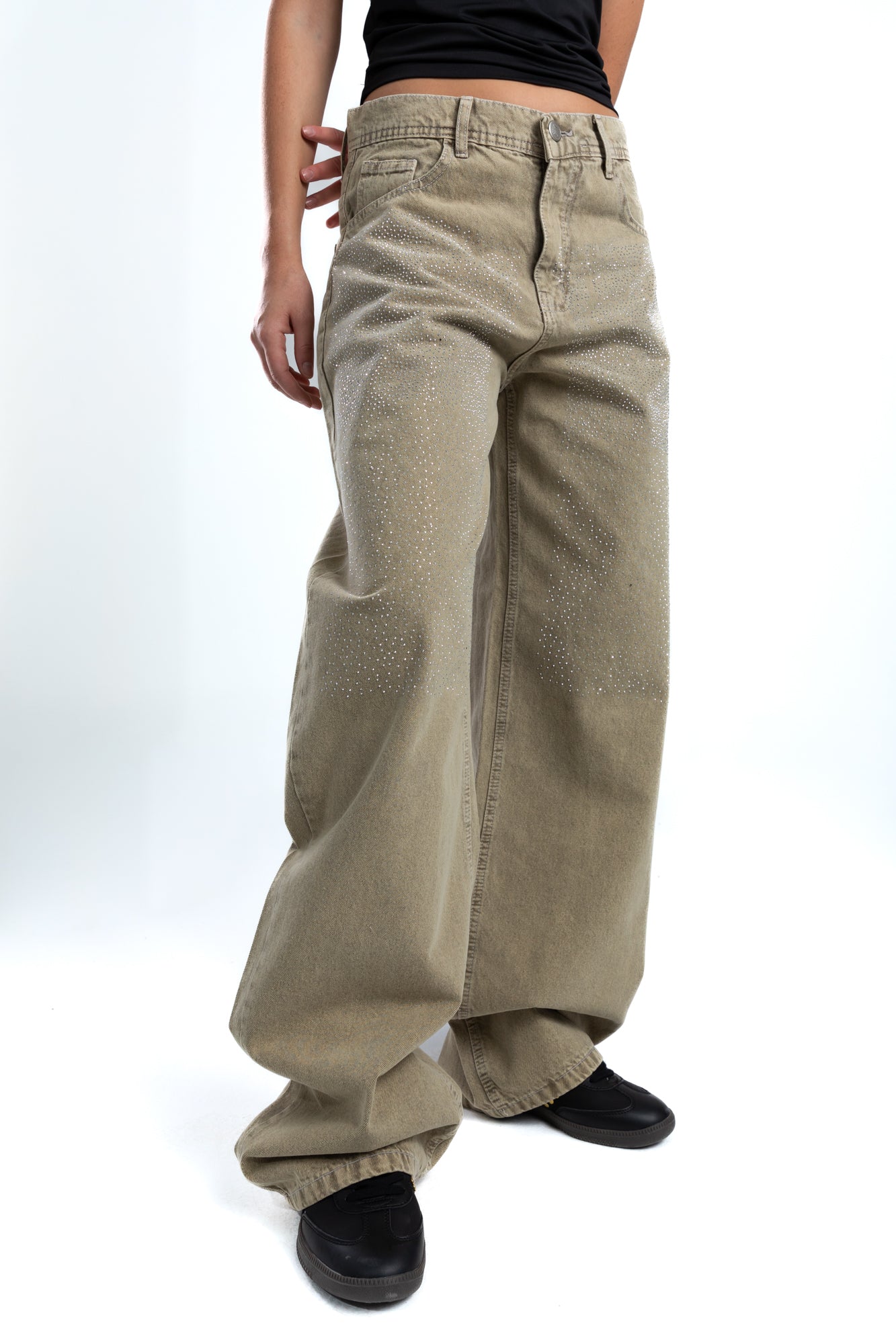 1002-Rhinestone Earthy Beige Curve Tapered Jeans