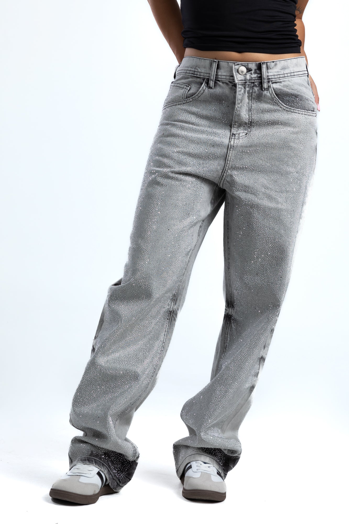 1054-Rhinestone Ice Grey Tack Frost Relaxed Silhouette Jeans