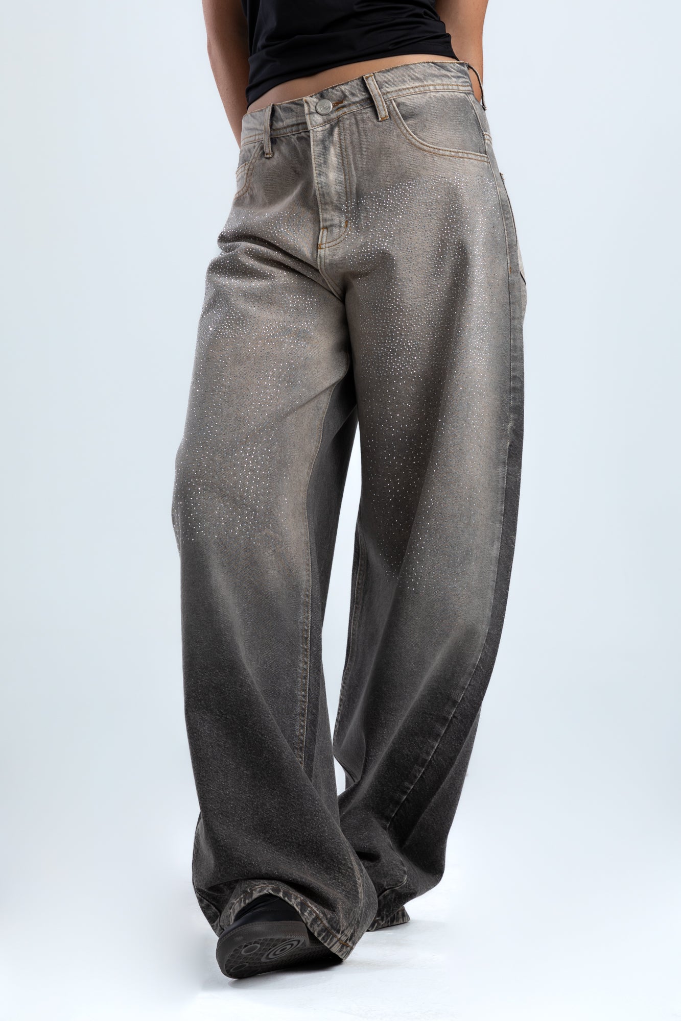 1006-Rhinestone Ash Beige Curve Tapered Jeans