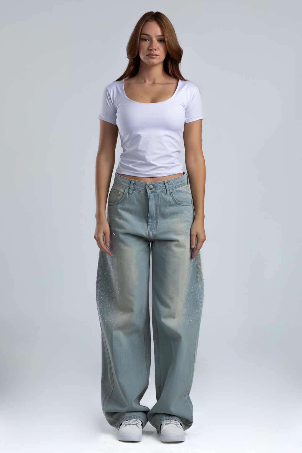 1003-Rhinestone Dusty Blue Curve Tapered Jeans