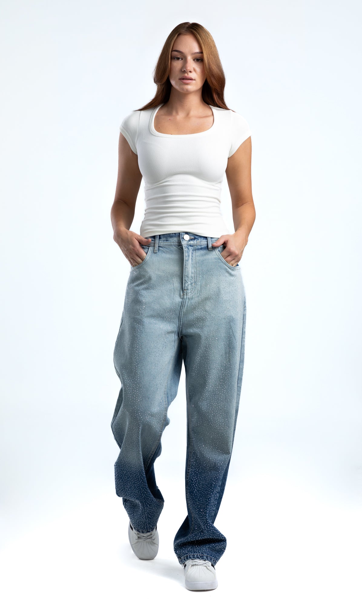 1055-Rhinestone Gradient Ice Glazed Relaxed Silhouette Jeans