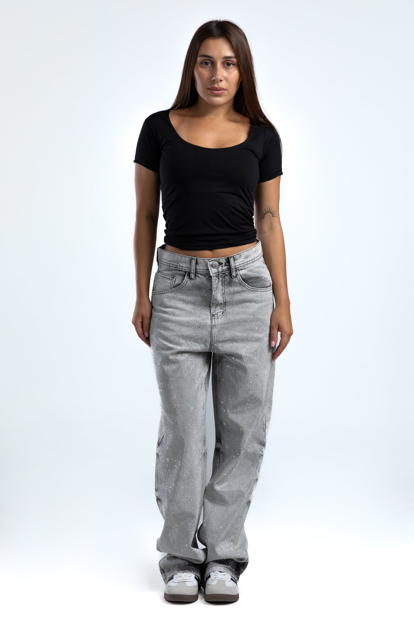 1054-Rhinestone Ice Grey Tack Frost Relaxed Silhouette Jeans