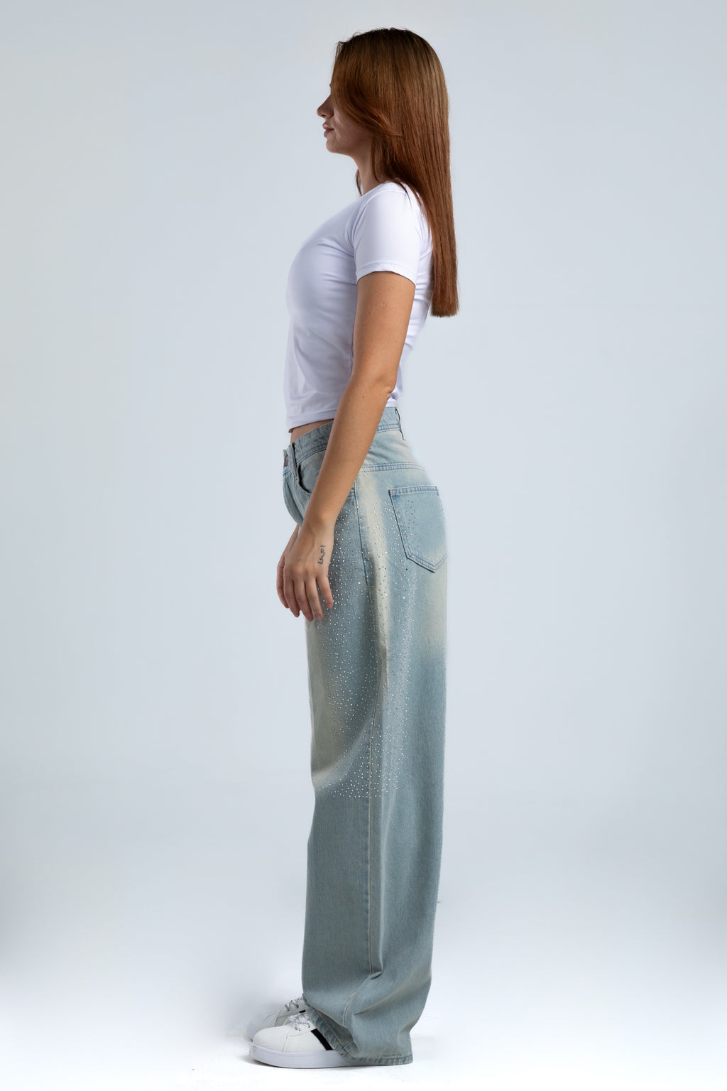 1003-Rhinestone Dusty Blue Curve Tapered Jeans