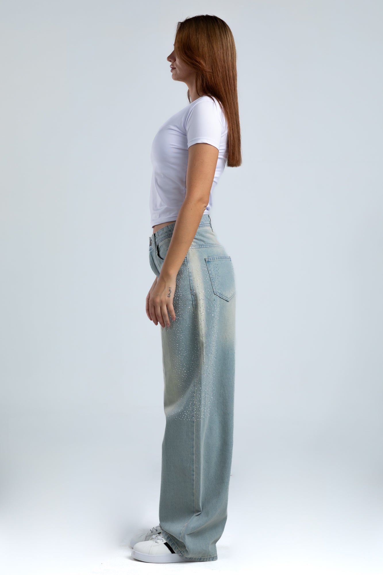1003-Rhinestone Dusty Blue Curve Tapered Jeans