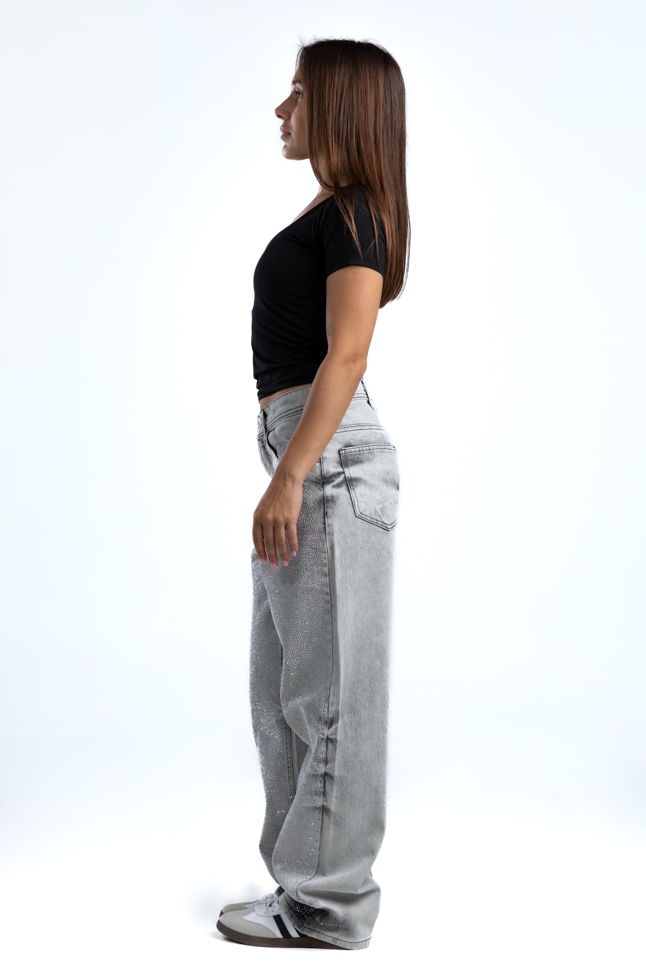 1054-Rhinestone Ice Grey Tack Frost Relaxed Silhouette Jeans