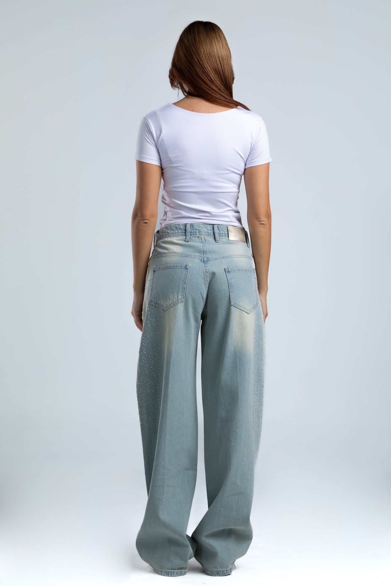 1003-Rhinestone Dusty Blue Curve Tapered Jeans