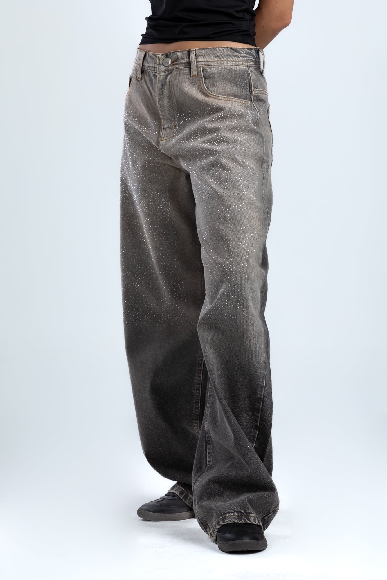 1006-Rhinestone Ash Beige Curve Tapered Jeans