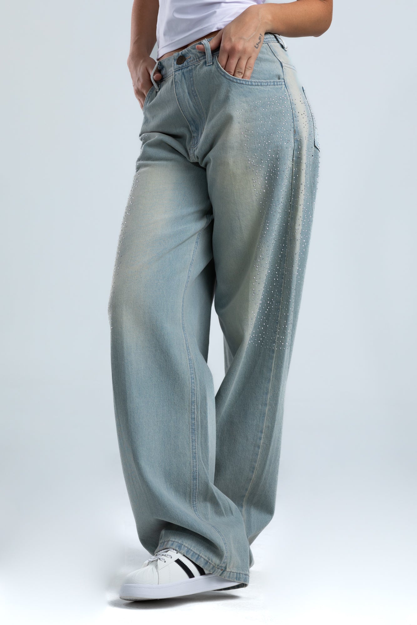1003-Rhinestone Dusty Blue Curve Tapered Jeans
