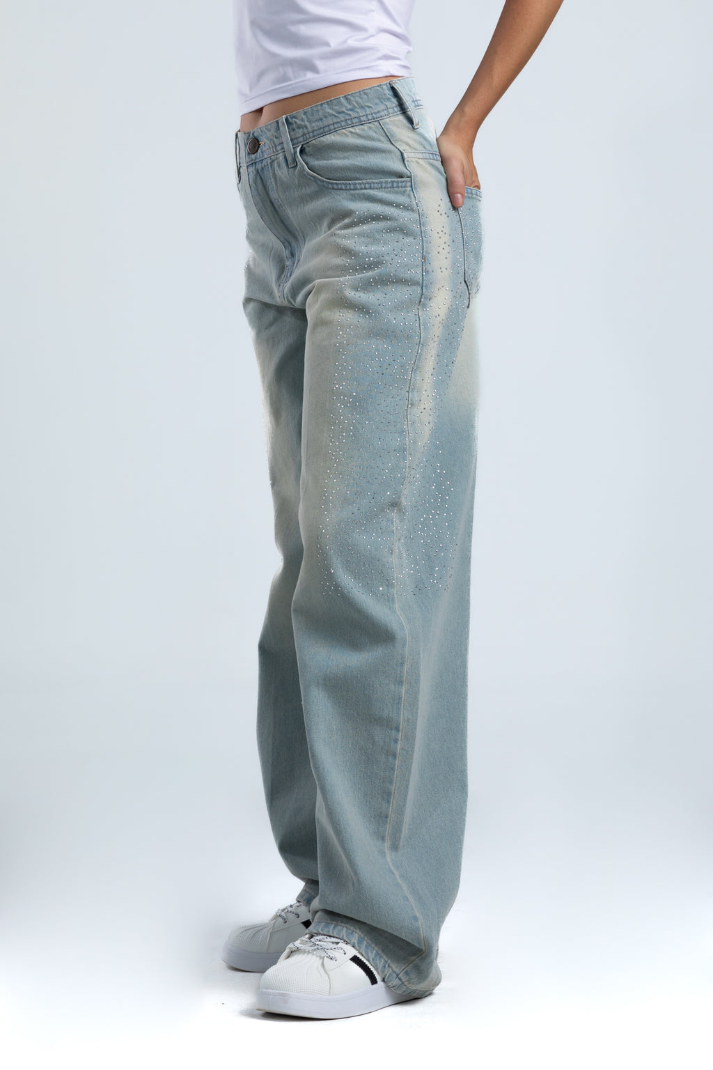 1003-Rhinestone Dusty Blue Curve Tapered Jeans