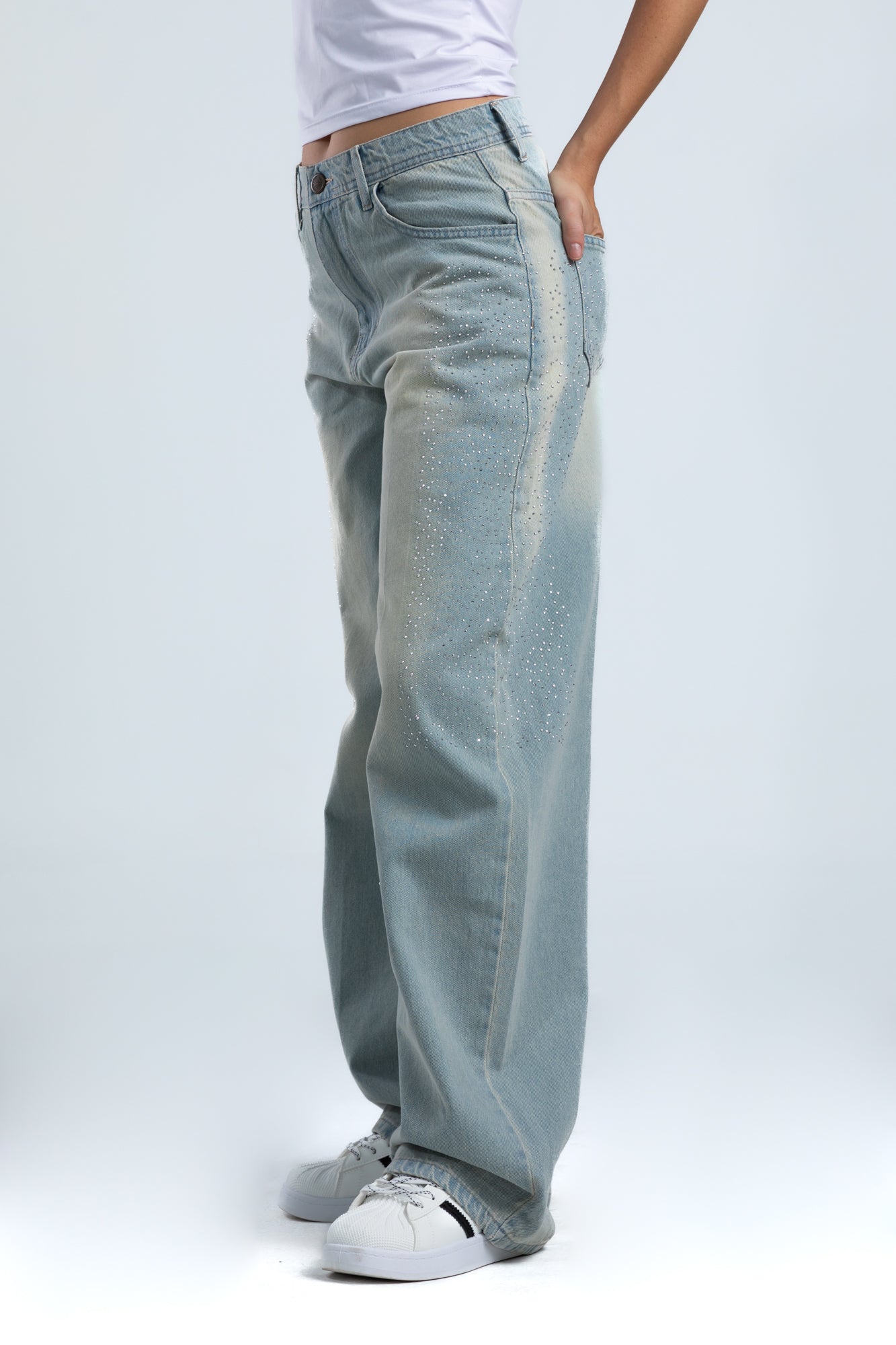 1003-Rhinestone Dusty Blue Curve Tapered Jeans