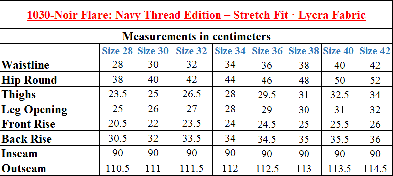 1030-Noir Flare: Navy Thread Edition – Stretch Fit · Lycra Fabric