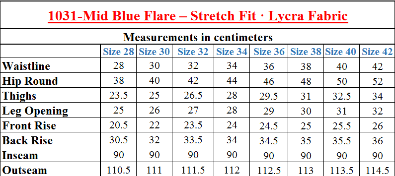 1031-Mid Blue Flare – Stretch Fit · Lycra Fabric