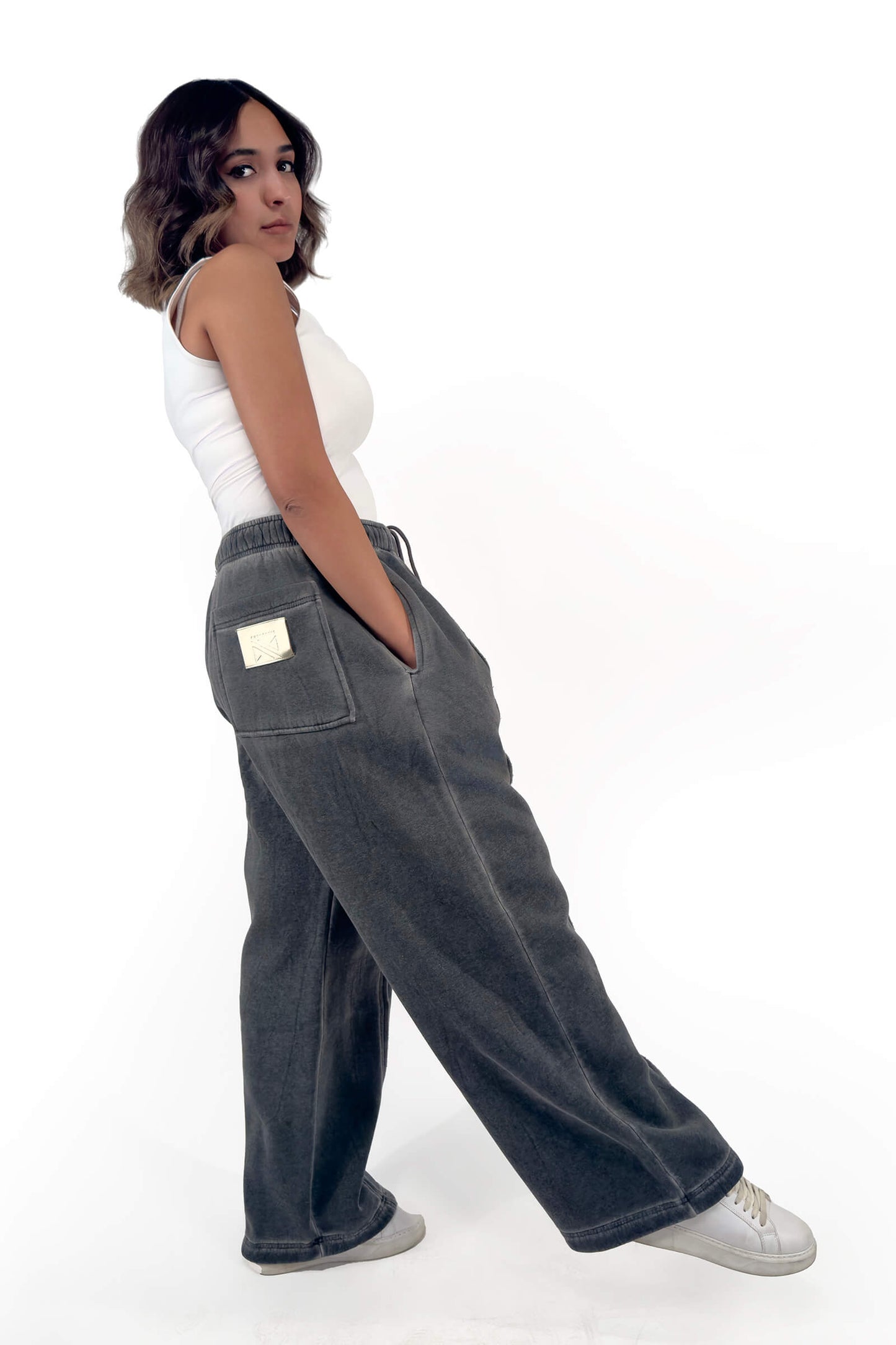 Charcoal Grey Melton Wide-Leg Pants