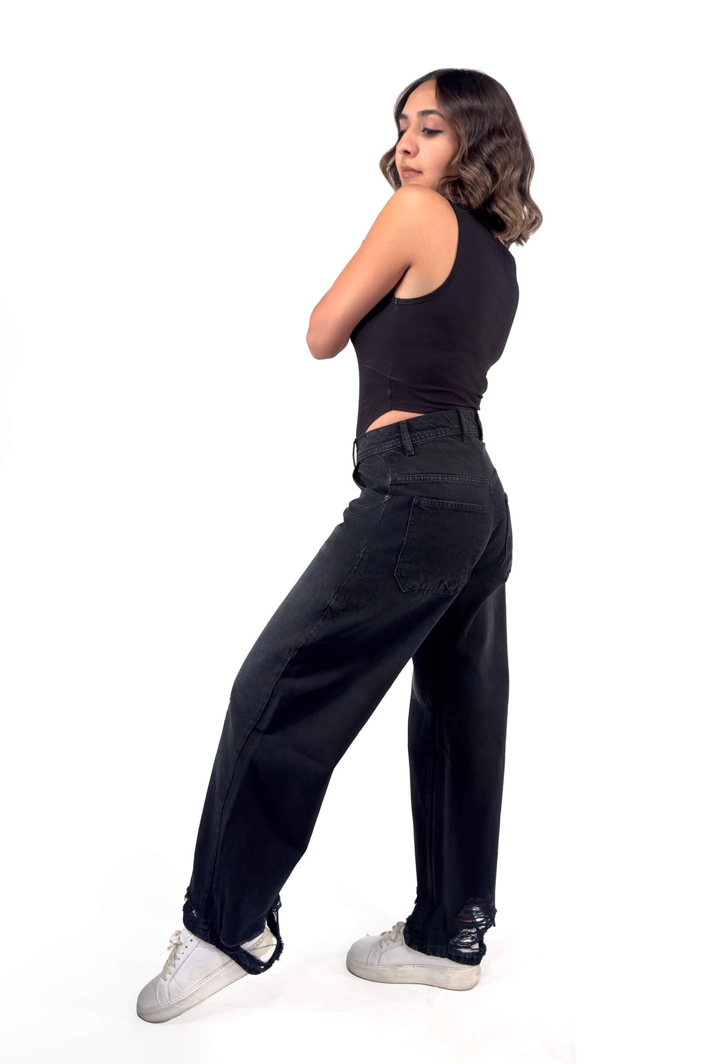 Midnight Black Jade Low Waist Cropped Balloon Jeans