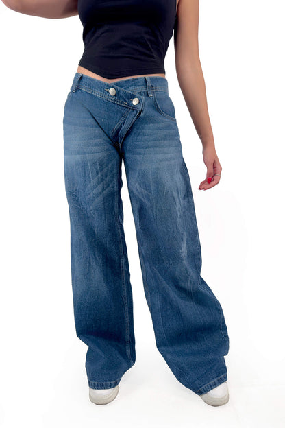 Indigo Crossover Altered Zipper Low Waist Wide-Leg Jeans