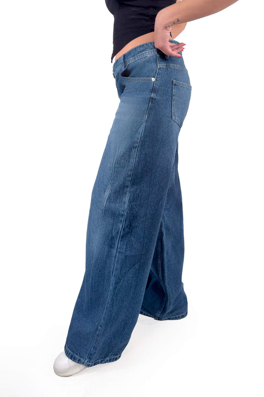 Indigo Crossover Altered Zipper Low Waist Wide-Leg Jeans