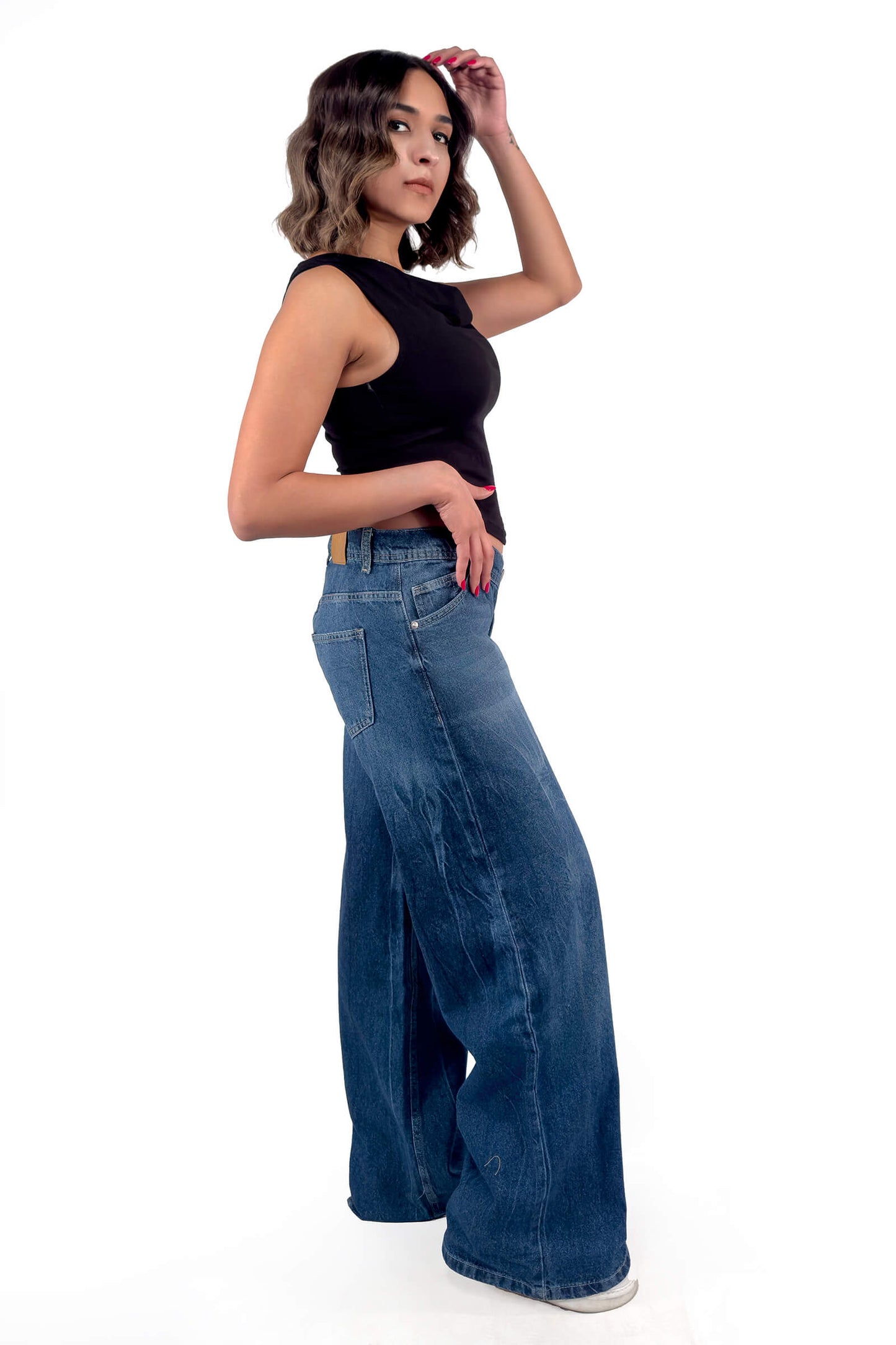 Indigo Crossover Altered Zipper Low Waist Wide-Leg Jeans