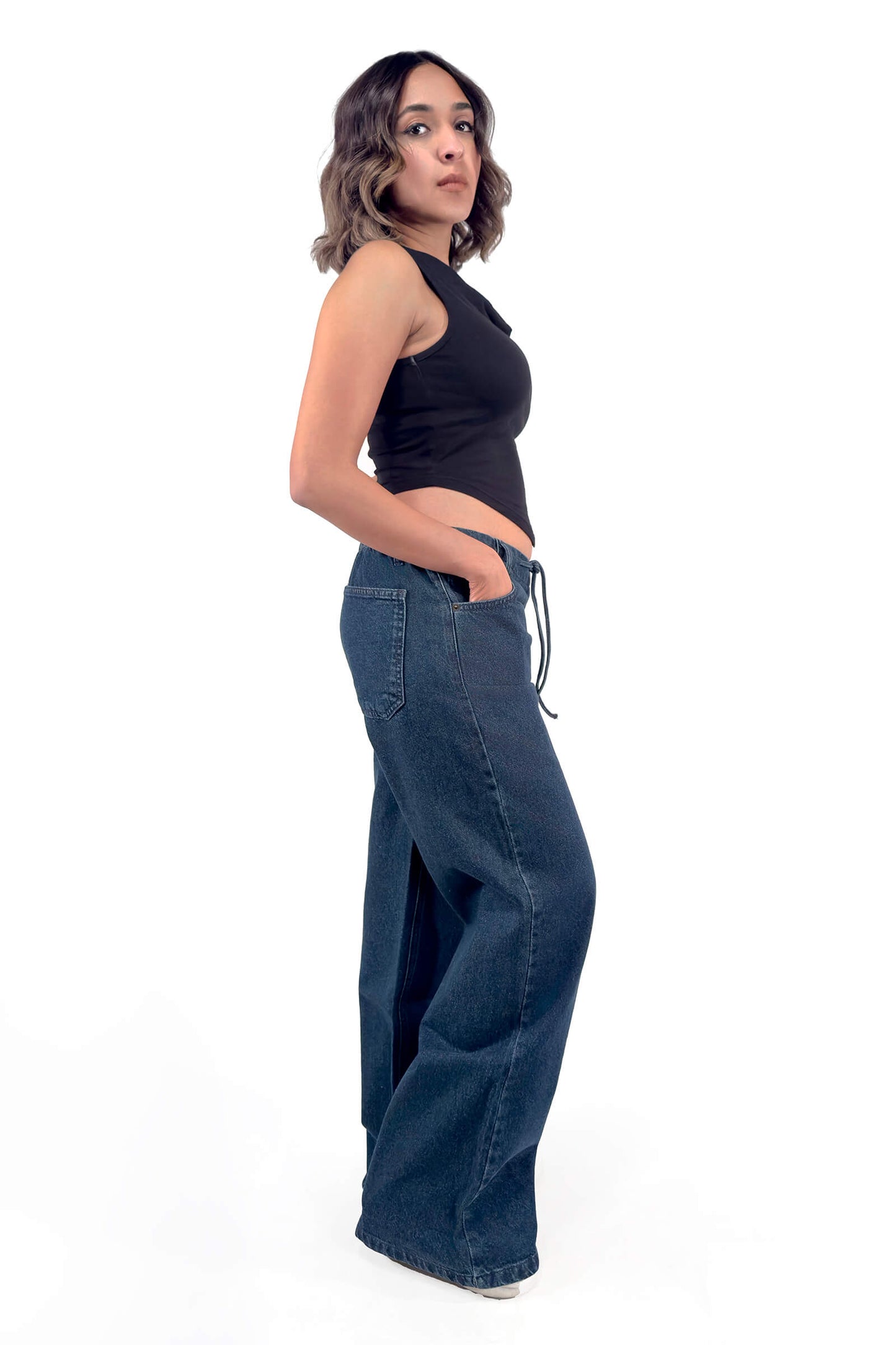 Indigo Stella Drawstring No Waistband Low Waist Wide-Leg Jeans