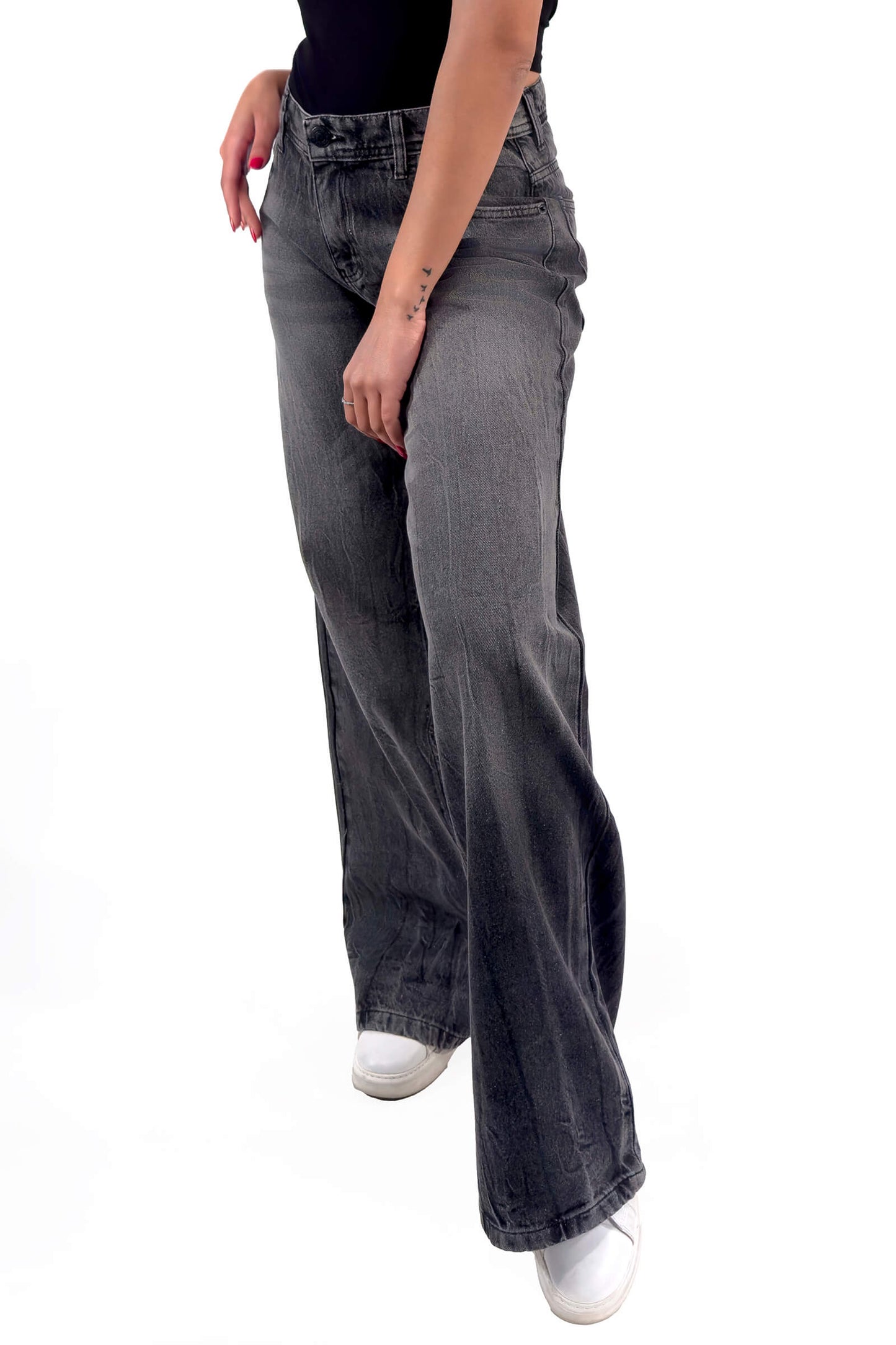 Charcoal Stone Wash Low Waist Wide-Leg Jeans