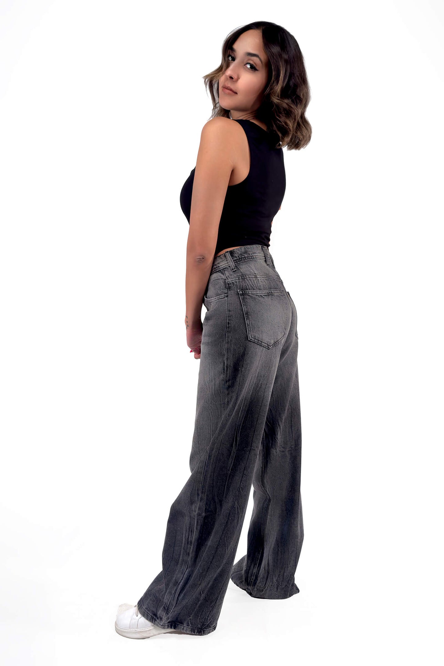 Charcoal Stone Wash Low Waist Wide-Leg Jeans