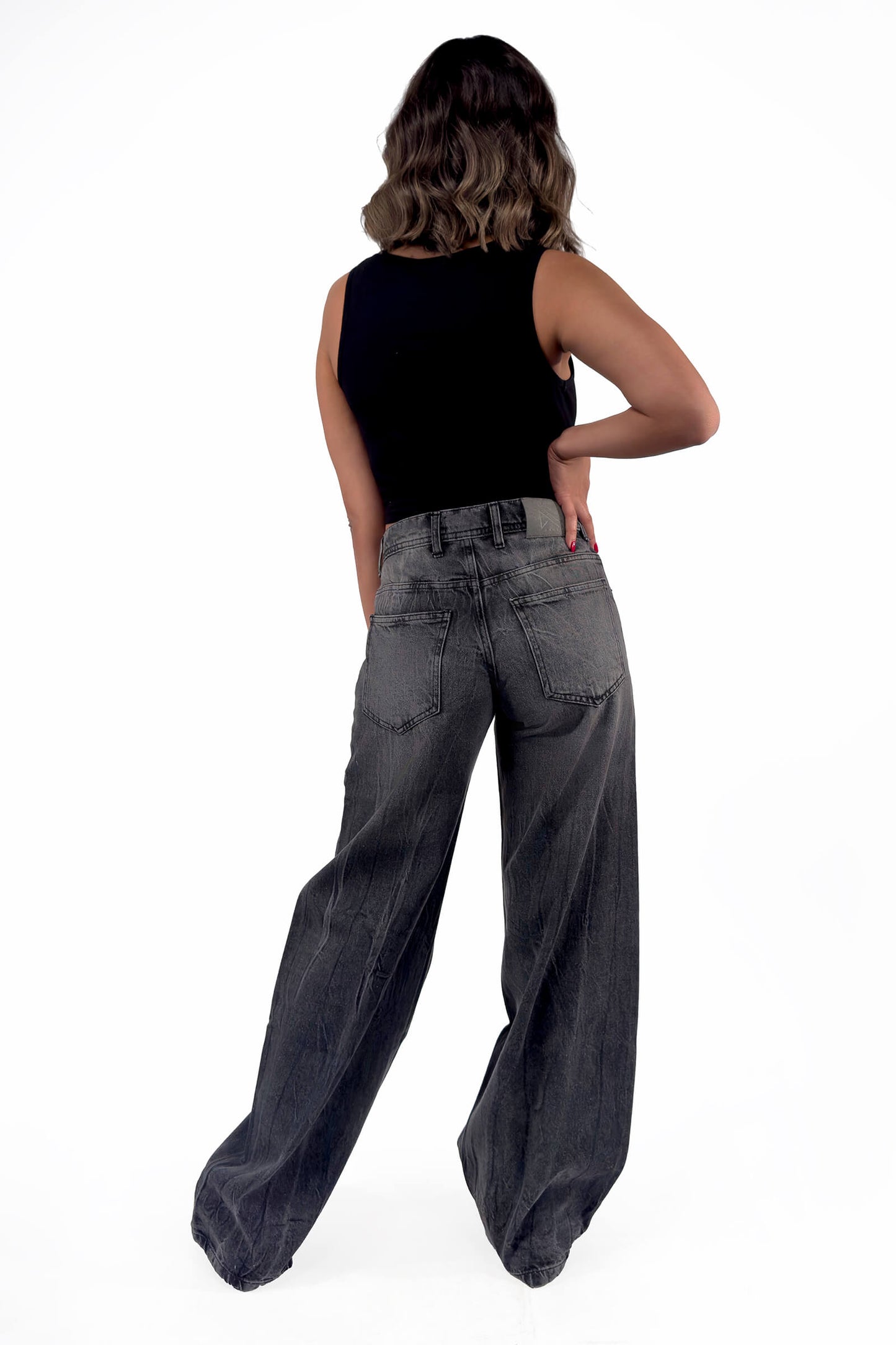 Charcoal Stone Wash Low Waist Wide-Leg Jeans