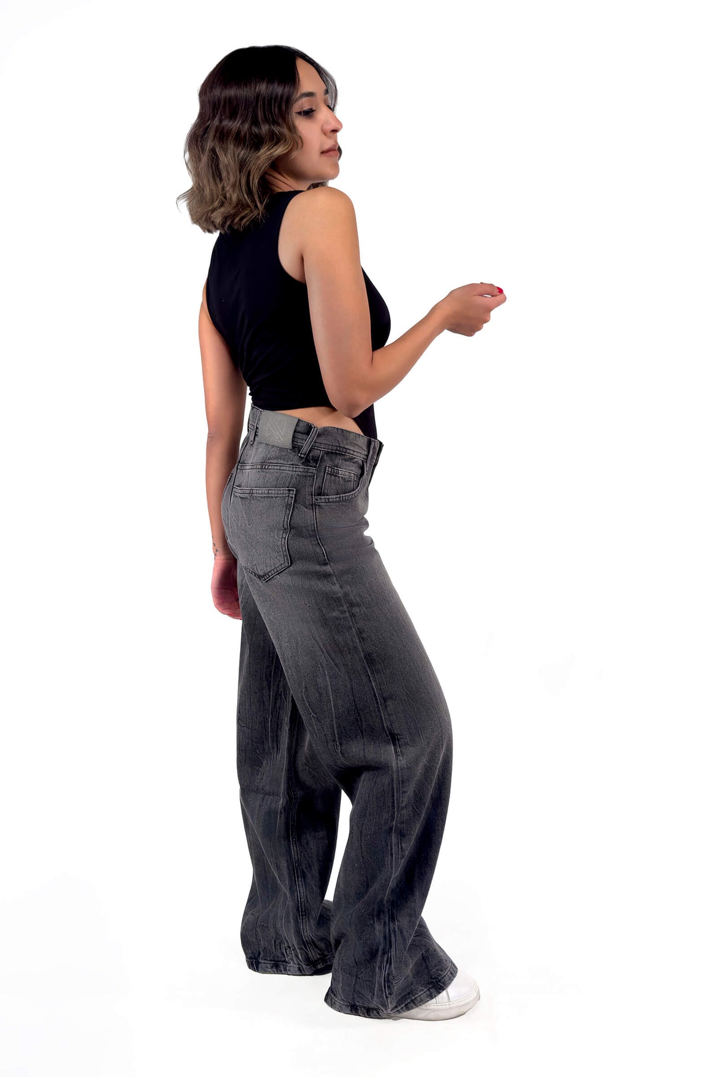 Charcoal Stone Wash Low Waist Wide-Leg Jeans