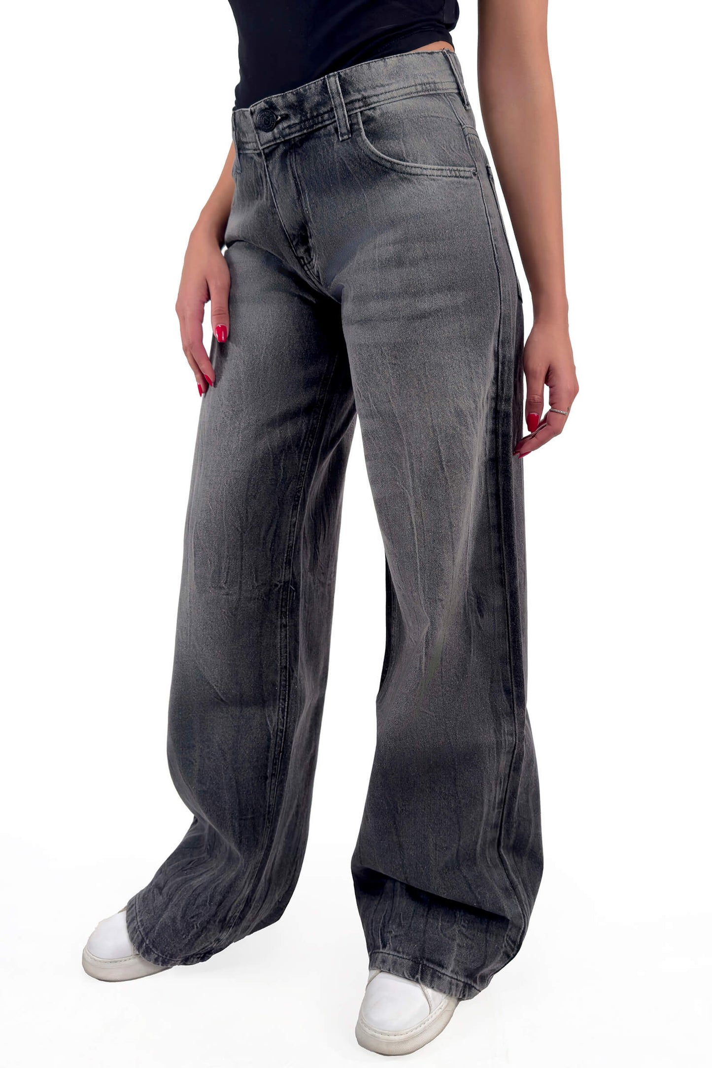 Charcoal Stone Wash Low Waist Wide-Leg Jeans