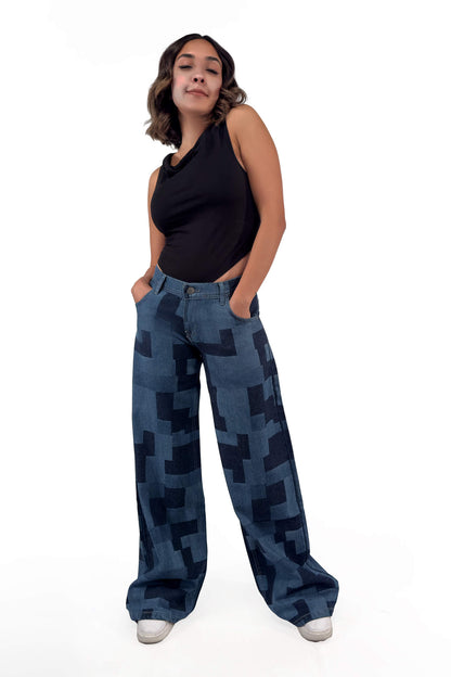 Indigo Low Waist Patchwork Wide-Leg Jeans