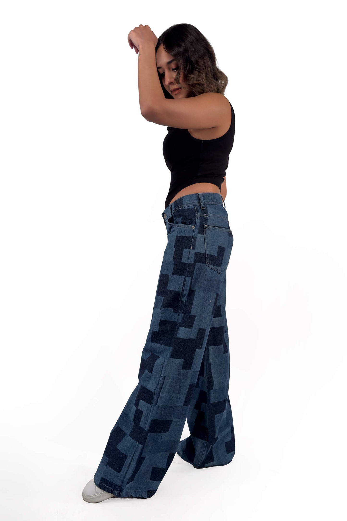 Indigo Low Waist Patchwork Wide-Leg Jeans