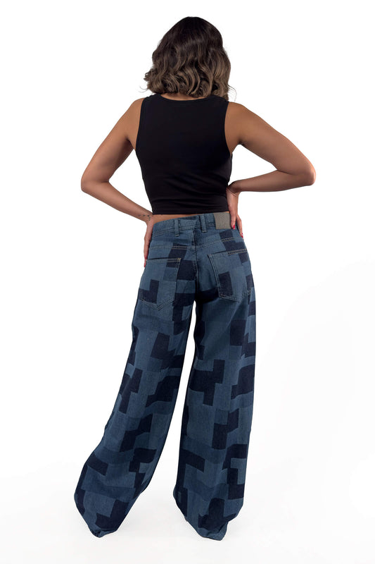 Indigo Low Waist Patchwork Wide-Leg Jeans