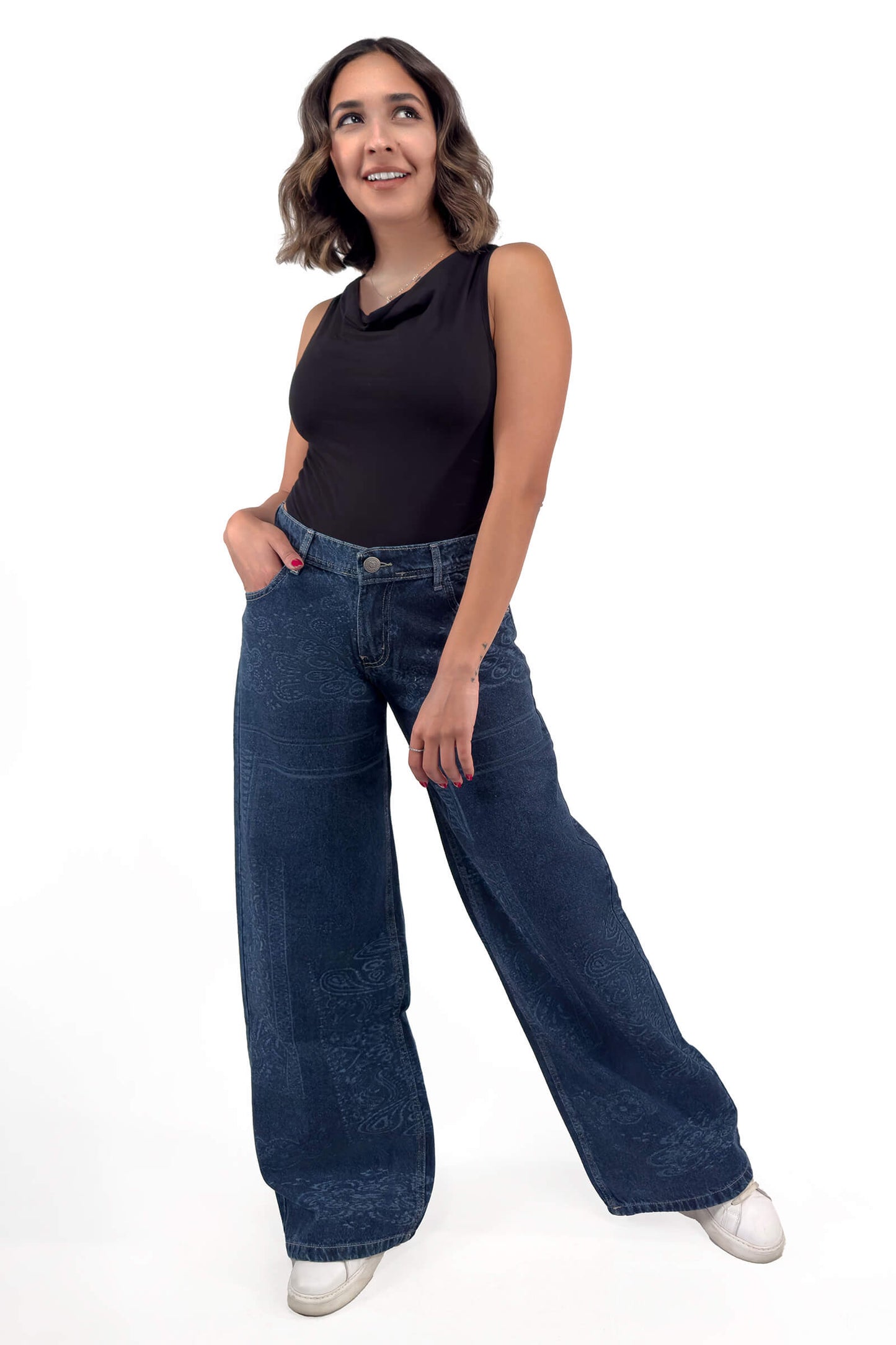 Midnight Low Waist Paisley Wide-Leg Jeans