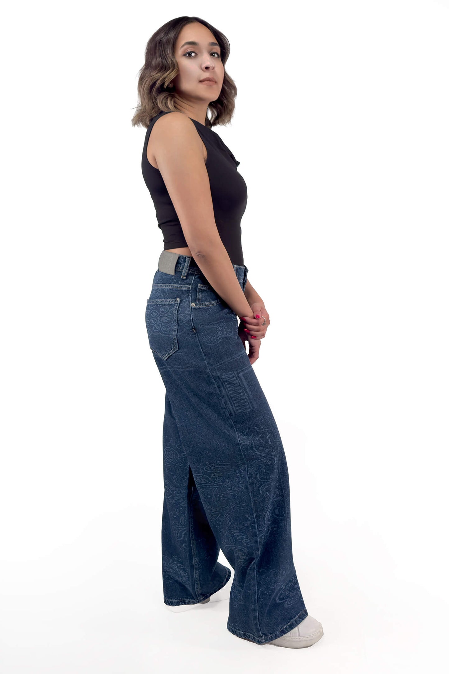 Midnight Low Waist Paisley Wide-Leg Jeans