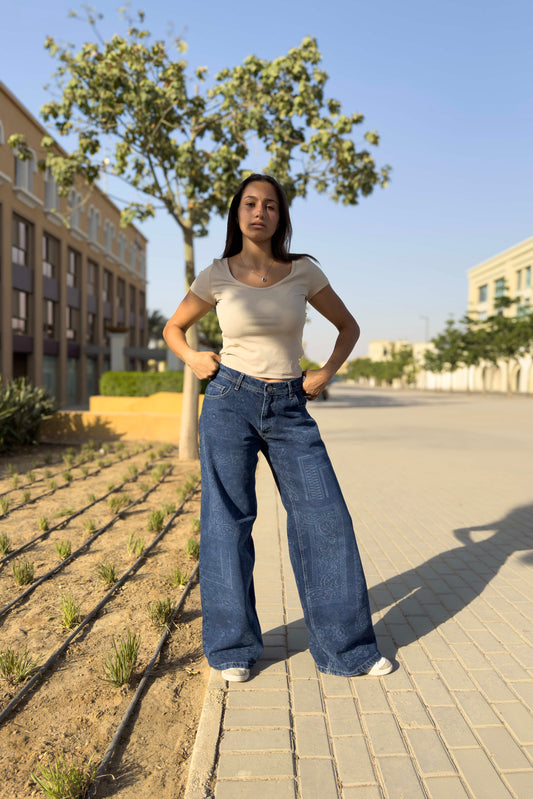 Midnight Low Waist Paisley Wide-Leg Jeans