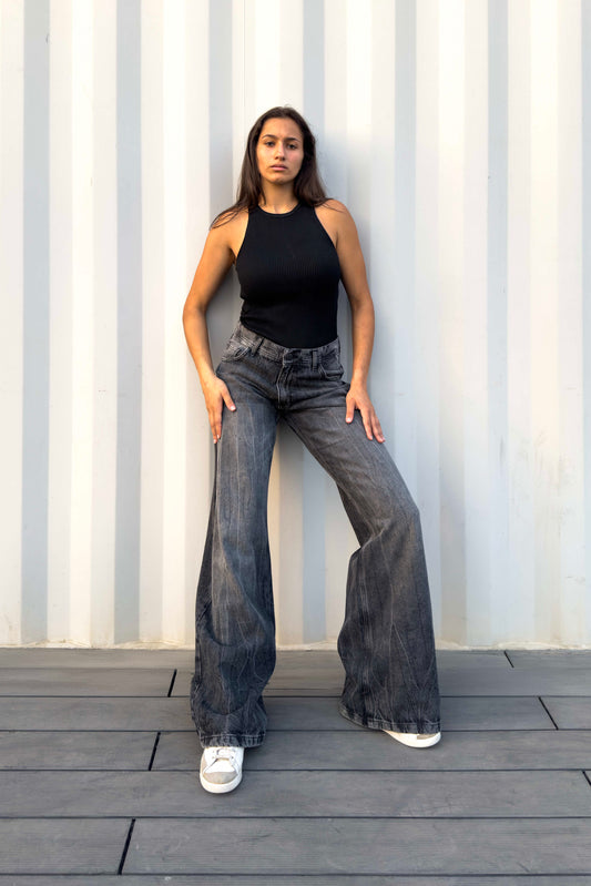 Charcoal Stone Wash Low Waist Wide-Leg Jeans