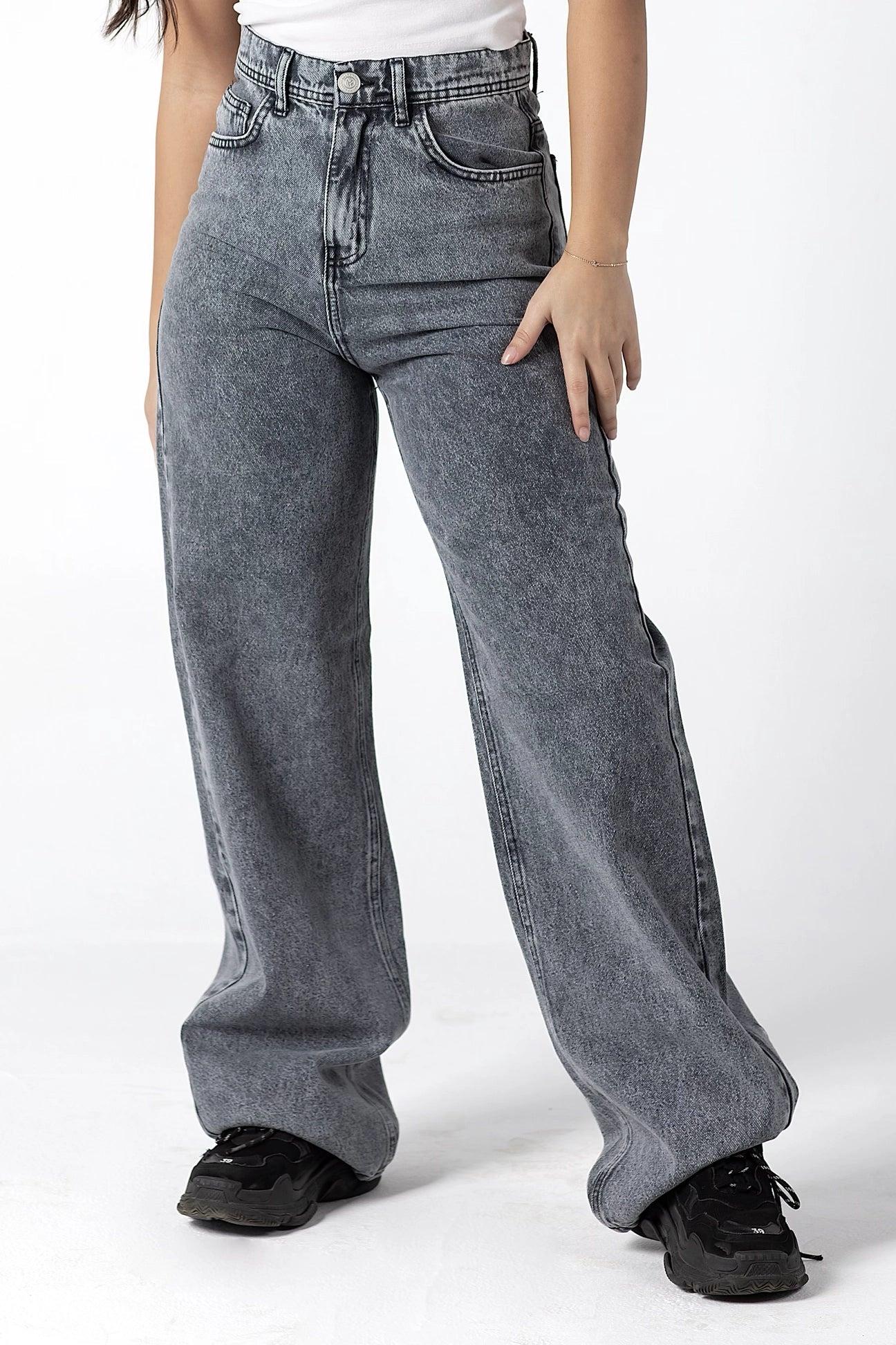 Grey Acid Wash High-Waisted Jeans