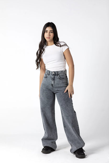 Grey Acid Wash High-Waisted Jeans