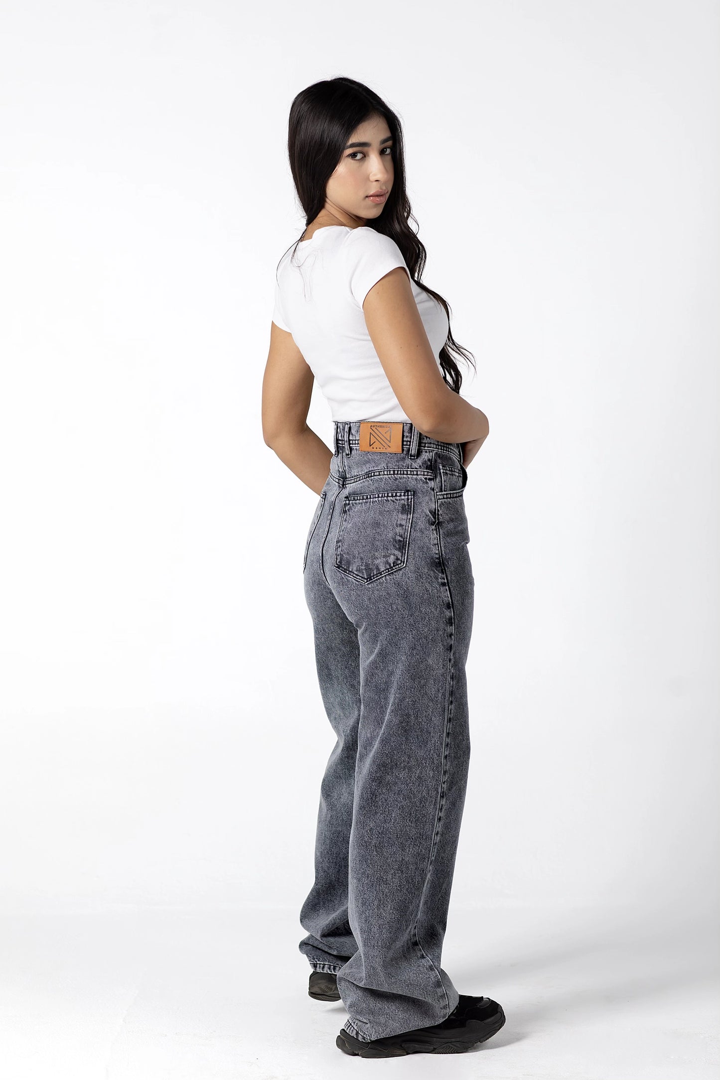 Grey Acid Wash High-Waisted Jeans