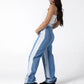 Dual-Tone Side Bleach Wide-Leg Denim Jeans in Blue