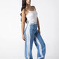 Dual-Tone Side Bleach Wide-Leg Denim Jeans in Blue