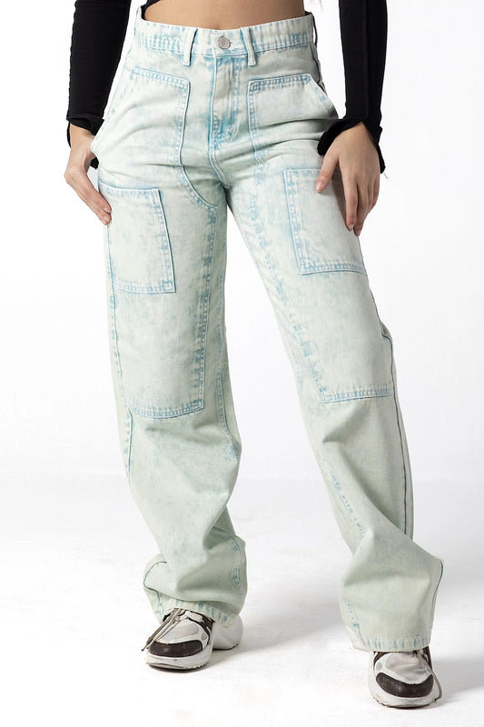 Distressed Ice-Blue Patchwork Jeans