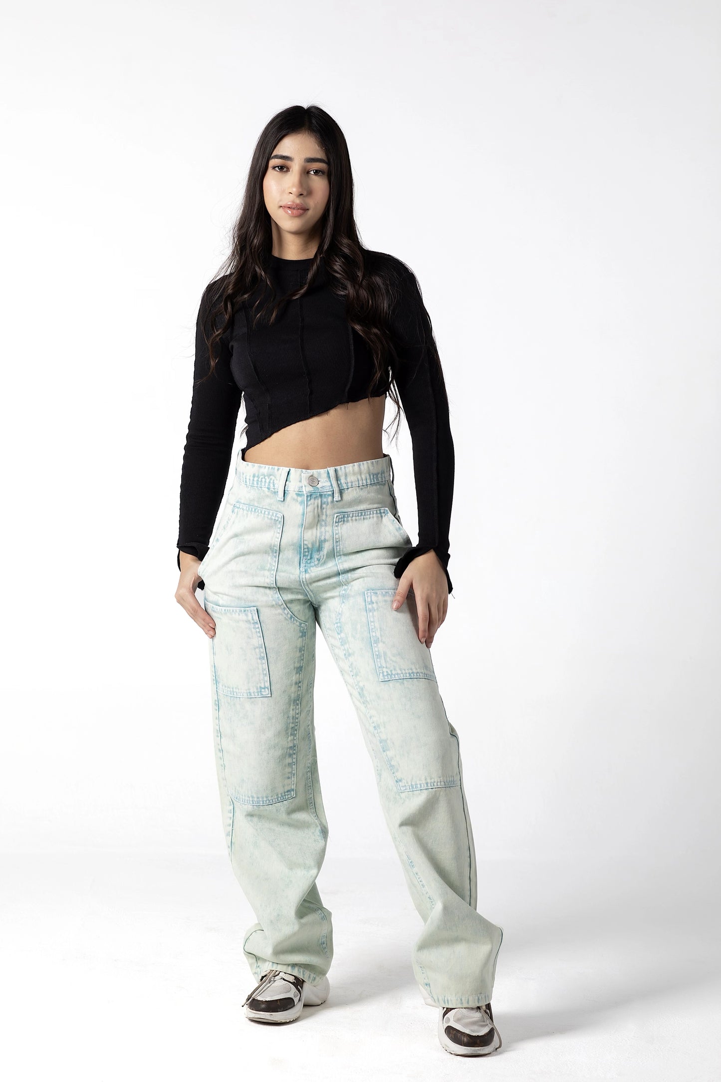 Distressed Ice-Blue Patchwork Jeans