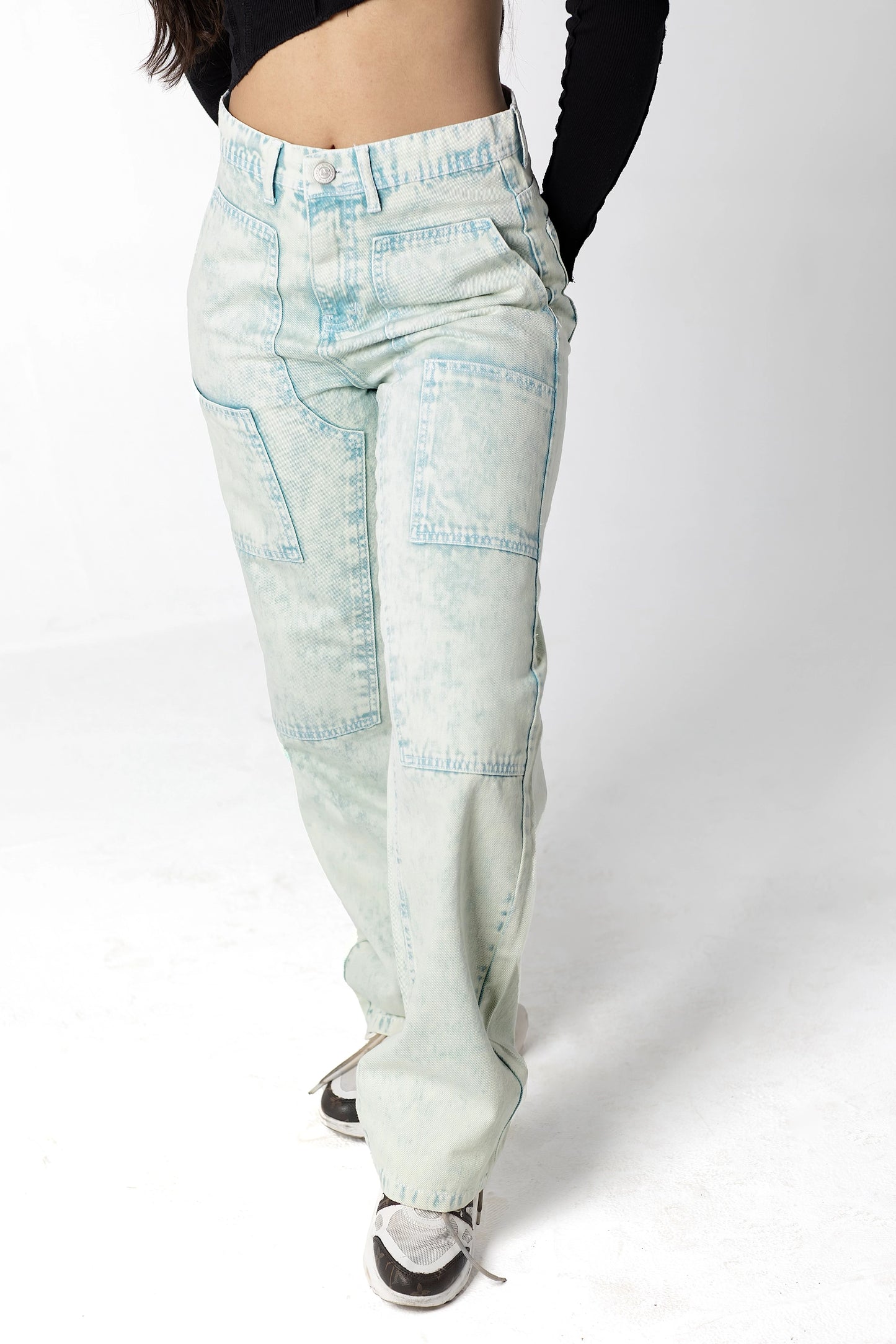 Distressed Ice-Blue Patchwork Jeans